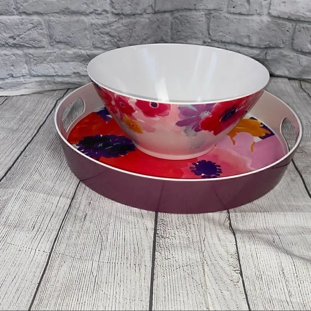 Home floral print hard plastic serving bowl and serving Tray with handles